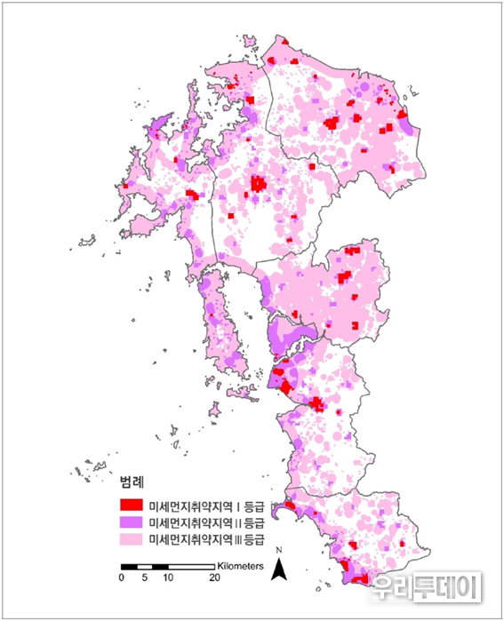 충남 6개 시·군의 미세먼지취약지역 우선순위 분포도 (자료제공=충남연구원)