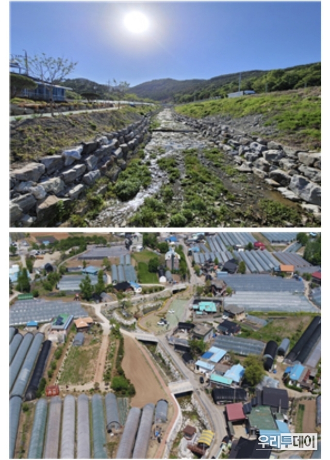 도심지 소하천의 친환경적인 정비(위)와 하중도및 주차장 조성 (아래)(사진제공-=충남도)