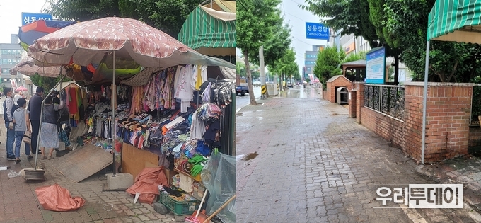 보행자 안전은 물론 거리 미관을 해쳐 왔던 경주 성동시장 교보생명~KT사옥 구간 보행로의 행정대집행 전·후 모습.(사진=경주시)