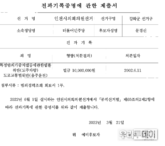 인천광역시 광역의원 예비후보로 등록한 더불어민주당 문경신 후보 전과내역.(선관위 자료 캡쳐)