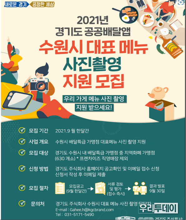 2021년 9월 경기도주식회사의 수원시 배달특급 가맹점 대표메뉴 사진 촬영 지원 모집 홍보 자료 (시범사업 - 수원 가맹점 대상)
