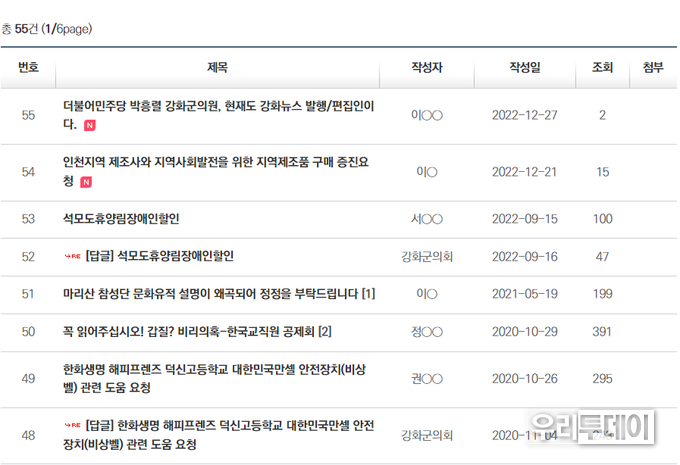 강화군의회 '의회에 바란다'에 올라온 더불어민주당 박흥렬 강화군의원 관련 글이 논란이 되고 있다.