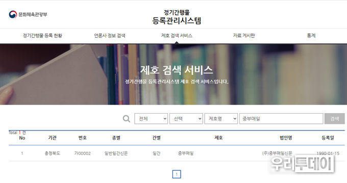중부매일은 3월 9일 현재 일반일간신문(가00002)으로만 등록이 되어있다. 인터넷신문 등록은 존재하지 않는다.