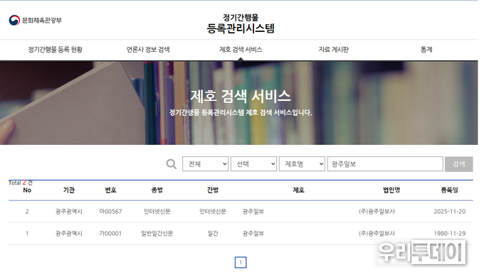 광주일보, 2026년 11월 20일에 인터넷신문 등록 마쳐.....1980년에 일간신문 등록 이후